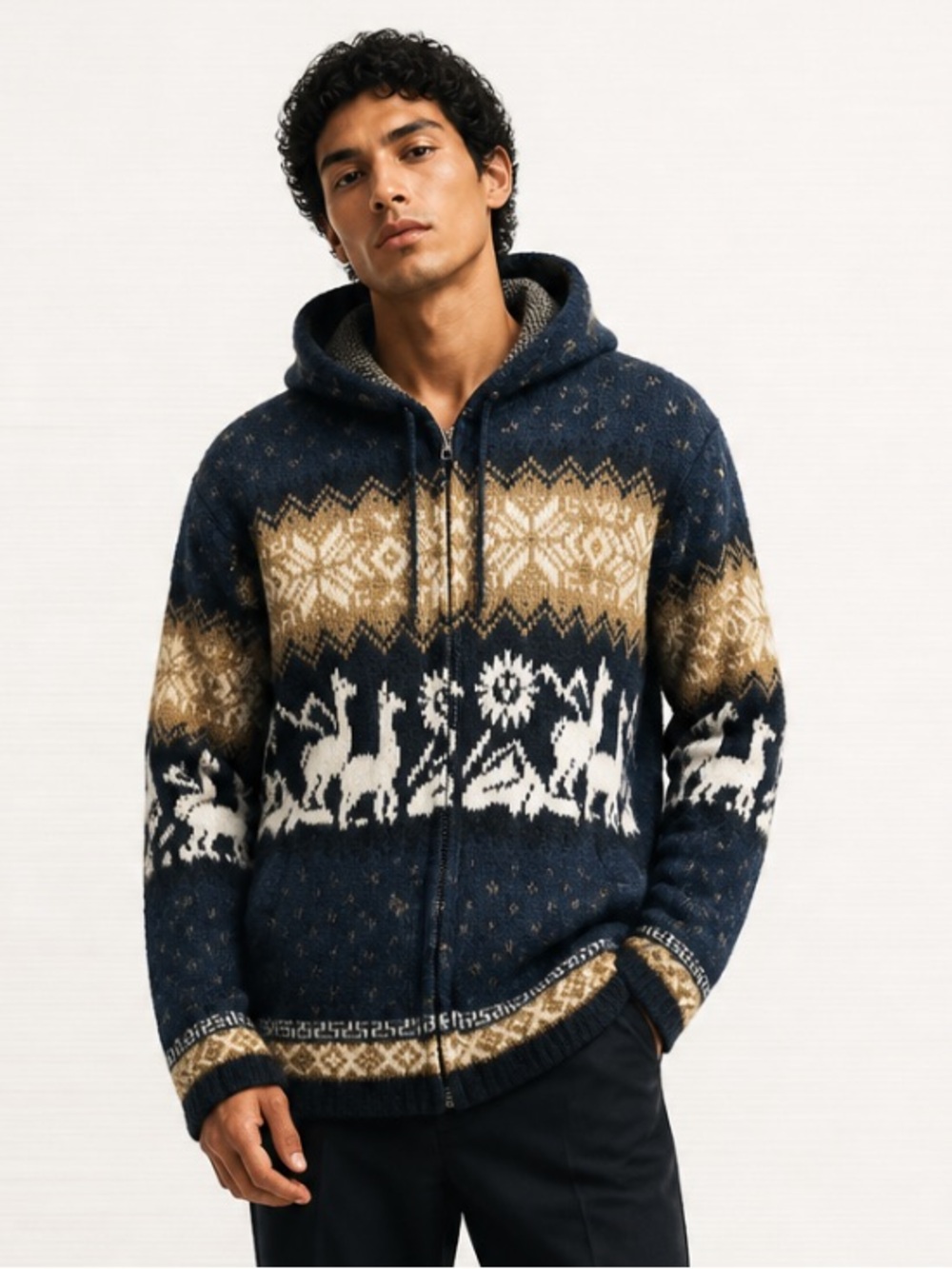 YARI ARTESANIAS Jacket Coat Alpaca Wool Hoodie Full Zip Drawstring Warm Nordic